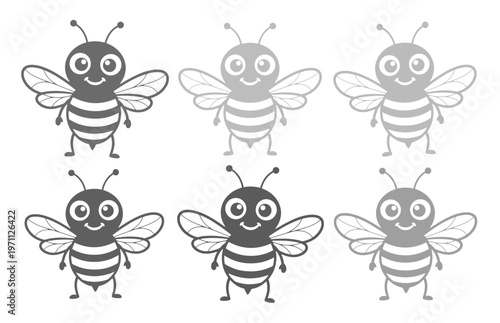 かわいいミツバチのキャラクターアイコンセット、6種類のハチのイラスト、シンプルなモノクロベクターデザイン、養蜂や自然保護のプロジェクトに最適