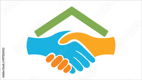 Handshake and house roof icon symbolizing real estate agreement, property deal, home buying, partnership, and successful business collaboration