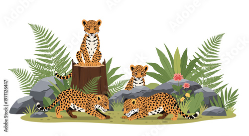 Family of four leopard cubs plays together among ferns, rocks, and colorful flowers in a lush tropical jungle.