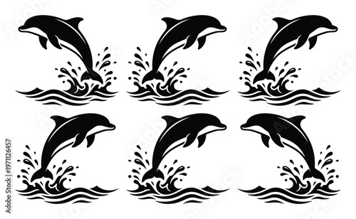 躍動感あふれるイルカのシルエット、水しぶきを上げる6つのベクターイラストセット。海洋生物の力強さを表現したデザイン素材、水族館やエコ関連プロジェクトに最適です。
