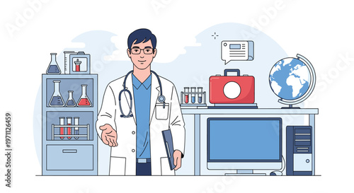 Male doctor in a white coat stands in his office or laboratory surrounded by medical equipment and research tools.