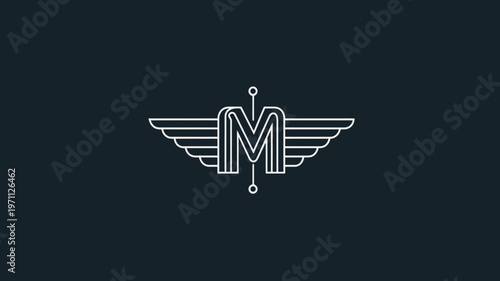 Minimalist stylized letter M emblem with wings, modern line art vector illustration for elegant brand design and identity concept