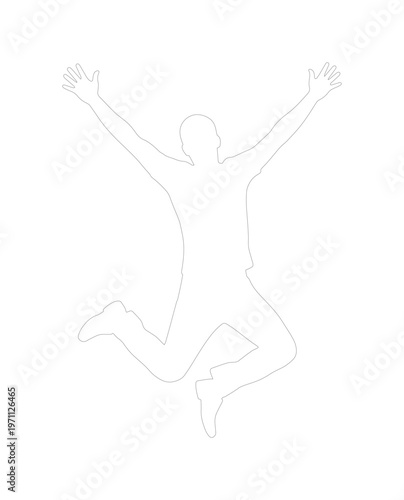 喜びと自由を表現する、両手を広げてジャンプする男性のシンプルな白いシルエットベクターイラスト。成功、幸福、達成感を象徴する躍動的な人物像。
