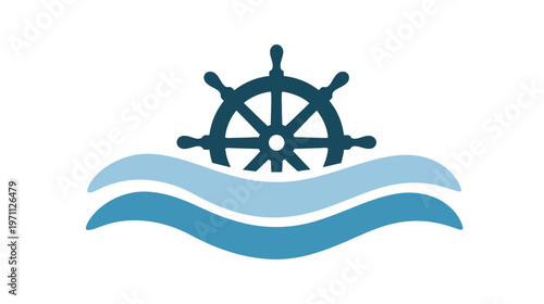 Nautical ship wheel and ocean waves icon, marine travel, navigation symbol vector illustration.
