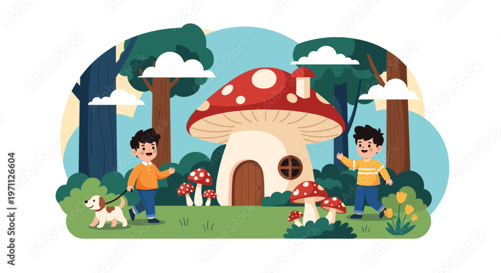 Fototapeta premium Two young boys walk their dog past a large mushroom-shaped house in a magical forest filled with trees and clouds.