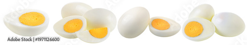 Fotografi Collection of perfectly cooked whole and halved boiled eggs, showcasing vibrant yellow yolks and smooth white