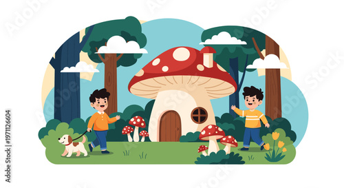 Two young boys walk their dog past a large mushroom-shaped house in a magical forest filled with trees and clouds.