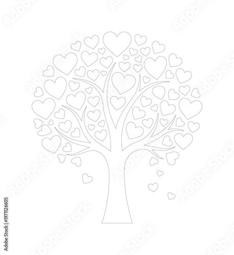 愛と希望を象徴するハートの葉を持つ生命の木、ミニマルでロマンチックな白黒のベクターイラスト、結婚式やバレンタインデーのデザインに最適
