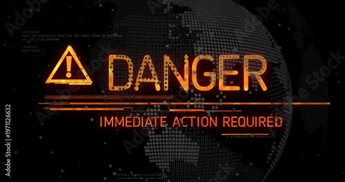 Data sweep initiating alert, triangular warning icon assembling on security globe, morphing DANGER