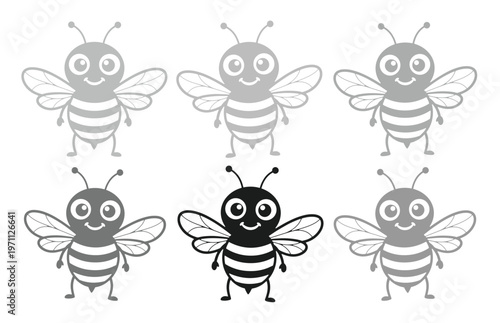 かわいいミツバチのキャラクターイラストセット、笑顔のハチが並ぶシンプルなベクターアイコン、昆虫の群れと多様性を表現したデザイン素材