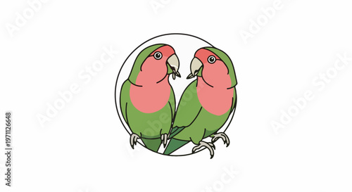 Two cartoon lovebirds, green and pink, perched together within a black circle