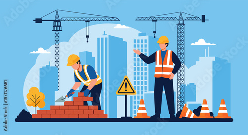 Construction workers build a brick wall at a busy site with tall cranes and skyscrapers under a clear blue sky.