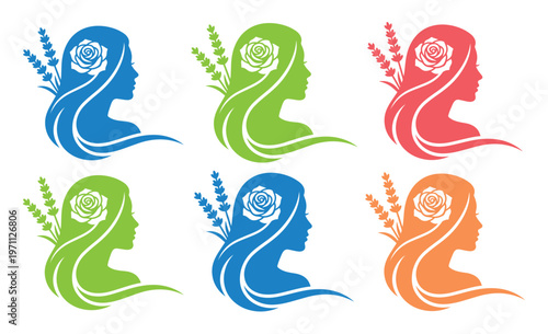 女性の横顔とバラ、ラベンダーを組み合わせた優雅な美容・アロマ・スパ向けベクターアイコンセット。自然派化粧品やエステサロンのロゴ、パッケージデザインに最適な6種類のシルエットコレクション。