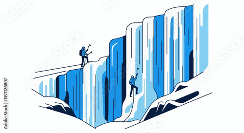 Two climbers ascend a frozen waterfall with ice axes and backpacks