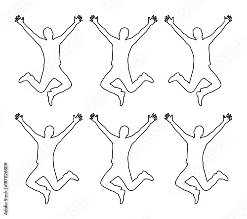 喜びを表現するジャンプする人々のシルエット、躍動感あふれる6つのポーズ、成功と自由を象徴するシンプルな線画ベクターイラスト素材