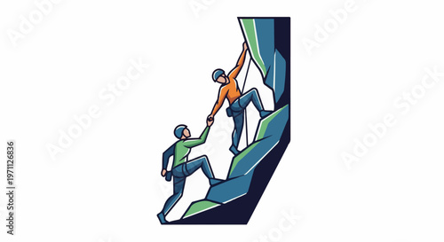 Two climbers ascend a rocky cliff, one reaching down to help the other