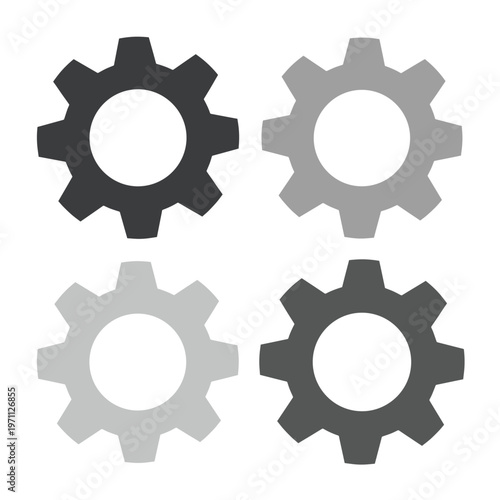 モノクロームの歯車アイコンセット、4つの異なるグレーとブラックのギアシンボル、設定やメカニズムを示すシンプルなベクターイラスト、ウェブサイトやアプリのUIデザインに最適