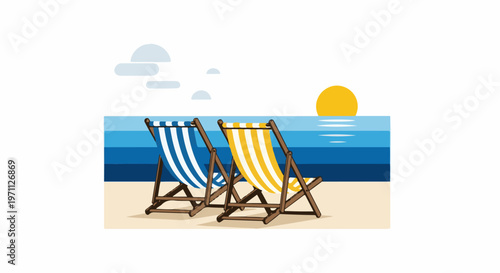 Two colorful striped beach chairs sit on a sandy shore facing the ocean