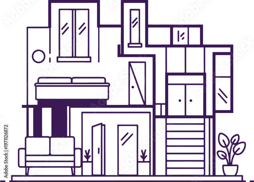 Minimalist Line of a Cozy Living Room with Sofa and Bookshelf line minimalist potted plant