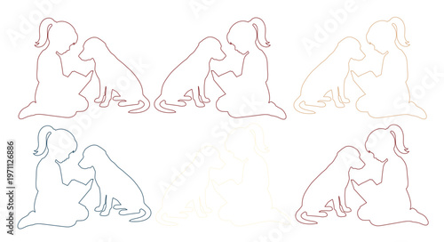 子供と犬の優しい絆を描いた、ミニマルで愛らしい線画イラストセット。ペットとの触れ合い、友情、家族の温かさを表現するベクター素材。