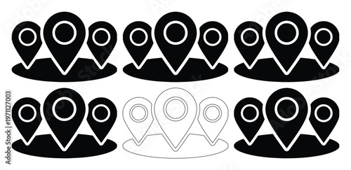 地図上の場所を示す黒いピンアイコンのグループ、位置情報とナビゲーションの概念を表すシンプルなベクターイラスト素材、ウェブサイトやアプリのUIデザインに最適