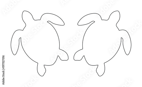 シンプルでかわいいウミガメの線画イラスト2匹セット、海洋生物のシルエットデザイン、水生動物のベクター素材、環境保護や夏のデザインに最適
