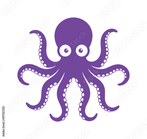 かわいいタコのベクターイラスト、海の生き物のキャラクターデザイン、シンプルな海洋生物のアイコン、子供向け教育素材や水族館のグラフィックに最適な紫色の頭足類
