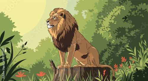Proud male lion sits on an old tree stump in the middle of a dense green forest with bright flowers and plants.