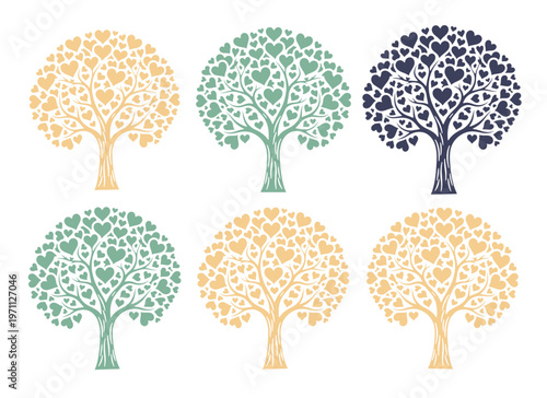 ハートの葉が茂る愛の木、ロマンチックなシンボルツリーのベクターイラストセット。結婚式やバレンタインデーにぴったりの、温かみのあるパステルカラーのハートツリーコレクション。