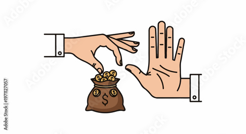 Two hands, one offering coins from a bag, the other holding up a stop