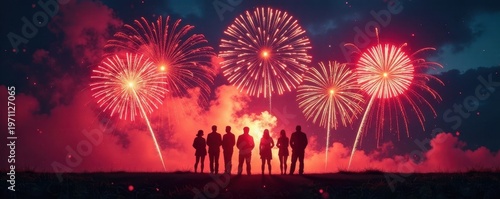 Silhouetted figures against exploding fireworks, dazzling, celebration