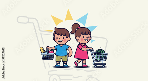 Two happy children with a basket and cart full of groceries