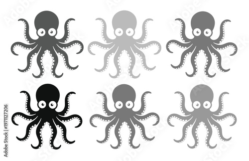 タコのシンプルなモノクロベクターアイコンセット、6種類のタコイラストコレクション、海の生き物のデザイン素材、水生生物のシンボル、海洋生物学や水族館のプロジェクトに最適