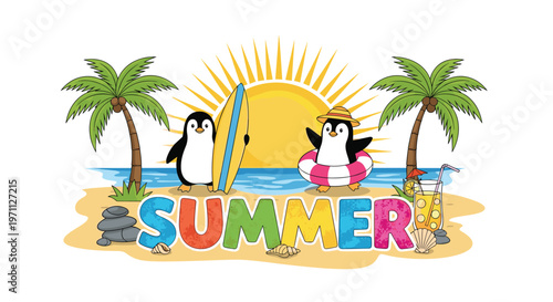 Two cute penguins enjoy a fun summer vacation on a tropical beach with a surfboard, swim ring, and cold drinks.