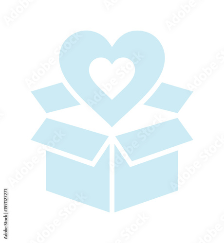 水色のハートが飛び出す段ボール箱のベクターアイコン。ギフト、プレゼント、サプライズ、愛、感謝、寄付、慈善事業、ボランティア活動を象徴するシンプルなイラスト素材。