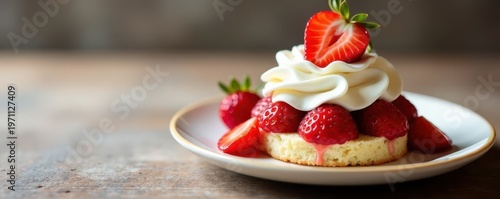 Single serving of strawberry shortcake with whipped cream , birthday, pastel