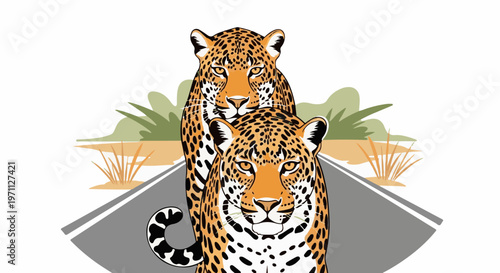 Two jaguars stand on a road, with stylized vegetation