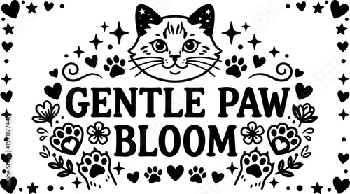 Black and white gentle paw bloom cat face with heart shaped paw prints and floral border vector art