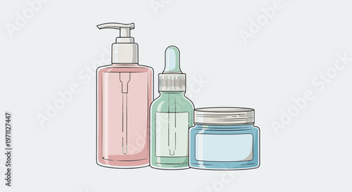 Three cosmetic bottles and jars for personal care