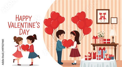 Children celebrate Valentine's Day in a decorated room with heart balloons, gifts, and framed pictures of friends.
