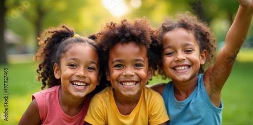 Smiling children with adults, varying skin tones, playing in park, nature, representation
