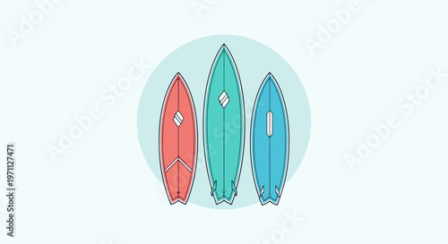 Three colorful surfboards lined up, ready for ocean waves