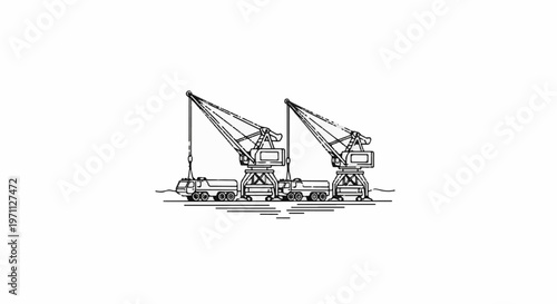 Two large construction cranes are positioned next to each other on a docked platform