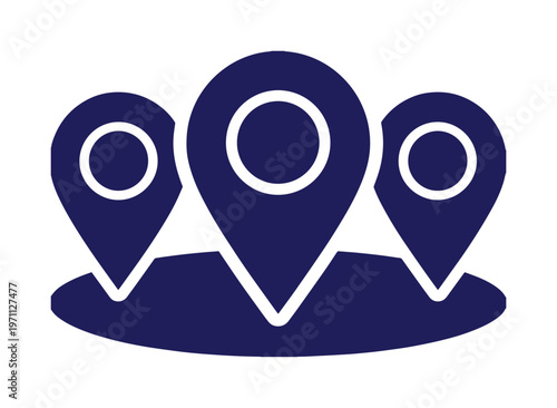 ネイビーブルーのミニマルなロケーションピンアイコン3つ、地図上の場所を示すシンプルなベクターイラスト、GPSナビゲーションやビジネスの所在地を示すグラフィックリソース