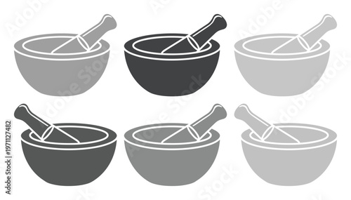 薬研と乳鉢のモノクロベクターアイコンセット、伝統的な薬やハーブ、スパイスをすり潰すための道具、医療、料理、研究用途に最適なグラフィック素材