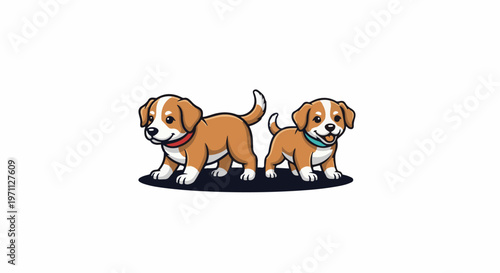 Two cute cartoon puppies with brown and white fur and collars