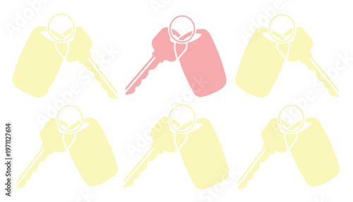 車の鍵とキーホルダーのベクターイラストセット、賃貸物件や不動産購入、カーシェアリングのコンセプトに最適な、シンプルでモダンなデザインの鍵束