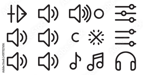 Set of outline icons for audio control volume adjustment and music playback functionality on white background.