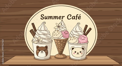 Three cartoon ice cream cups and a cone with "Summer Café" text