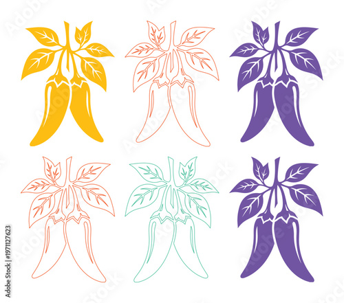 カラフルな唐辛子のベクターイラストセット、メキシコ料理や辛い食べ物を象徴するスパイスのアイコン、料理関連のデザイン素材